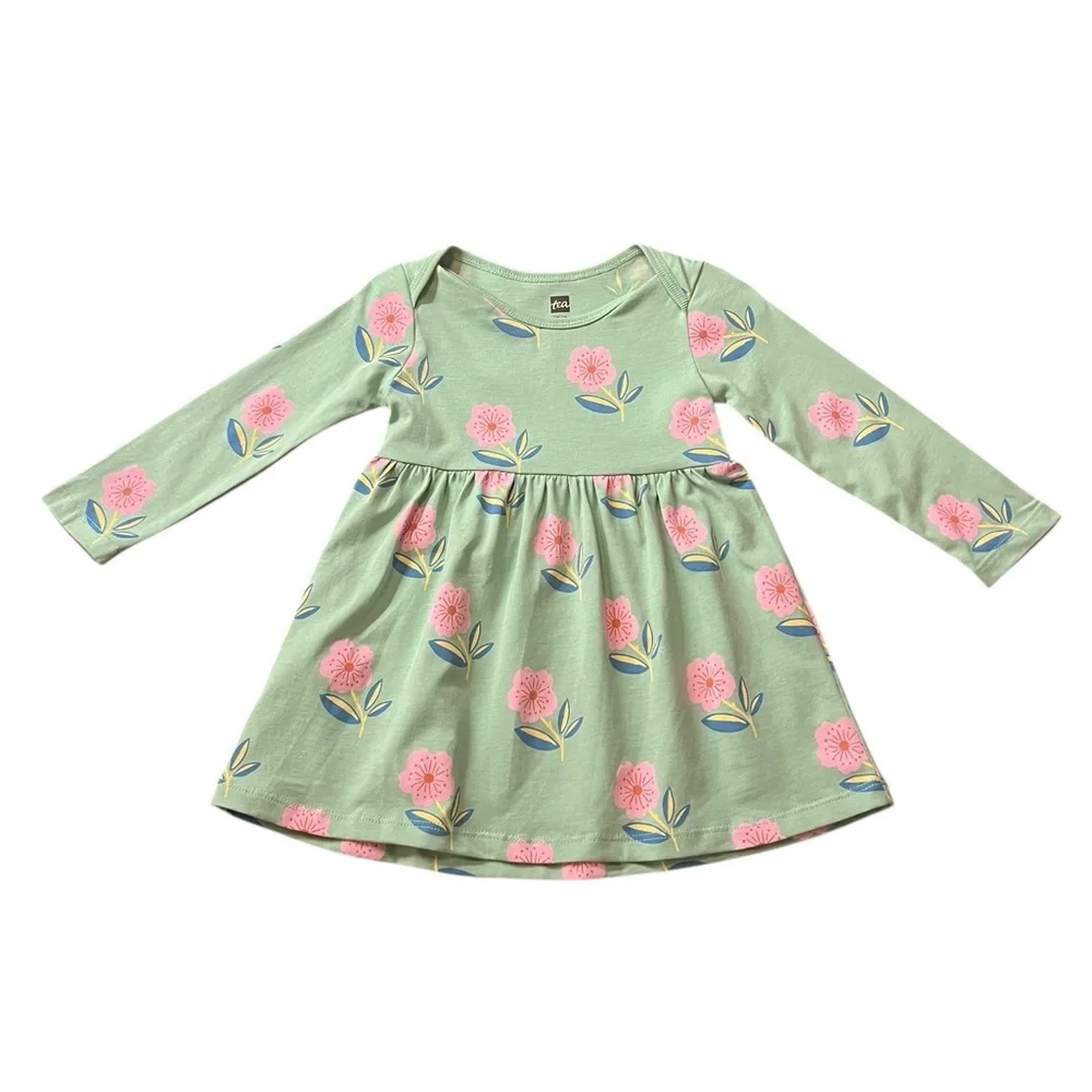 Tea Collection Green Dress with Pink Floral Design Size 12-18 Months